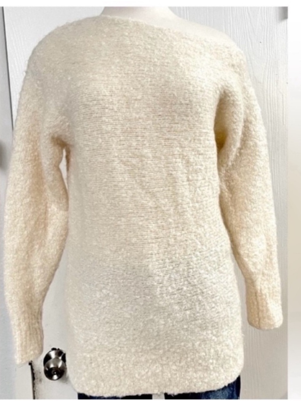 Theory Mohair/Wool Blend Cream Bouclé Crewneck Sweater Size SP